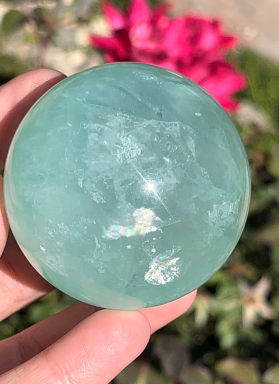 Rainbows! Blue Green Fluorite Sphere Crystal Natural Polished Minerals  Crystals Size 50mm