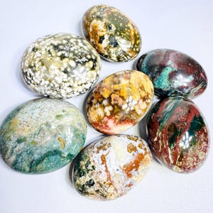 Colorful Ocean Jasper Palm Stone, Orbicular Ocean Jasper Palm Stone
