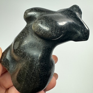 Puede incluir: Una escultura de torso femenino de piedra negra y gris. La escultura es abstracta y tiene un acabado liso y pulido.