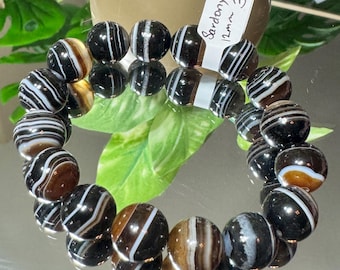 Black Sardonyx Crystal Bracelet, Agate Crystal Bracelet, Sardonyx Crystal Beaded Bracelet, 12mm Beaded Bracelet