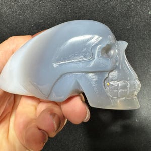 May include: A carved skull figurine in shades of gray and white. The skull is detailed with eye sockets, a nose cavity, and teeth. The smooth, polished surface reflects light, highlighting the skull's form. The figurine is held in a hand.