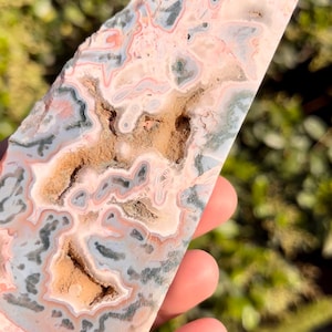 Large Druzy Pink Moss Agate Semi Polished Freeform Slab Slice ~ Natural Stone Crystal ~ Rare Crystal Minerals