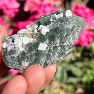 Peut inclure: Un amas de cristaux de fluorine verte avec des cristaux de calcite blancs. La fluorine est de couleur vert foncé et les cristaux de calcite sont blancs et opaques.