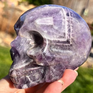 Amethyst Skull Human Crystal Skull Carving | Chevron Amethyst Skull | Human Skull Art | Purple Crystal Skull