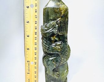 Carved Labradorite Tower with Dragon, Mermaid Flash Labradorite Tower with Dragon Carving, labradorite Dragon