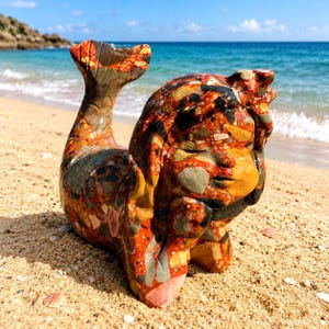 May include: A decorative figurine of a mermaid crafted from multi-colored stone with a mosaic-like appearance. The sculpture features a prominent tail fin, a reclining posture, and a textured surface composed of red, orange, yellow, and grey fragments.
