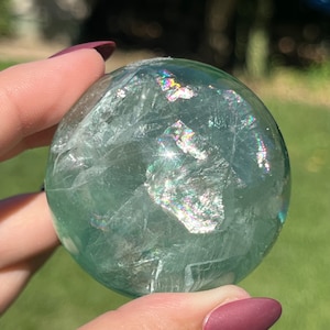 Icy Baja Green Fluorite Sphere with MANY Rainbows! | Green Crystal Sphere
