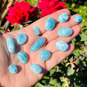 May include: A collection of 12 smooth, polished blue and white gemstone cabochons. The stones are various shapes and sizes, and have a shimmering, iridescent quality.