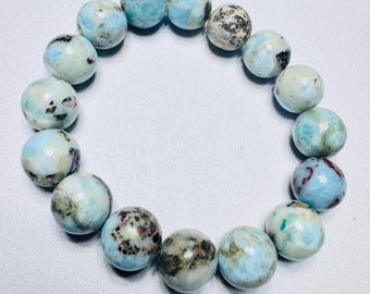 Genuine 12mm Larimar Crystal Bracelet from Domincan Republic | 12mm Larimar Bead Bracelet