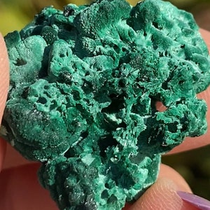 Op de afbeelding: Een groen malachietkristal met een ruw, getextureerd oppervlak. Het kristal heeft een unieke, organische vorm en is een prachtig voorbeeld van dit mineraal.