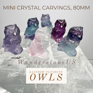 May include: Six miniature rainbow fluorite owl carvings, each approximately 80mm in size, are displayed on a clear crystal surface. The text "Rainbow Fluorite Owls" is visible below the carvings.