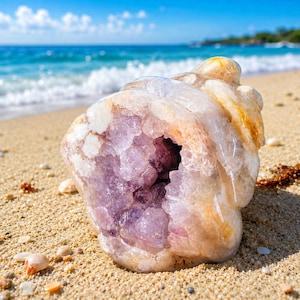 May include: A seashell-shaped geode featuring a hollow center filled with translucent purple amethyst crystals. The exterior of the shell is a smooth, polished cream and tan color with white mineral deposits, showcasing a natural spiral structure.