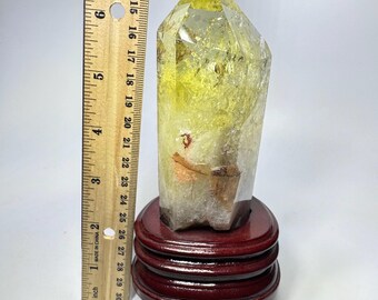 Large Gem Grade Citrine Scepter with wood stand, Genuine Citrine Tower, Citrine Point