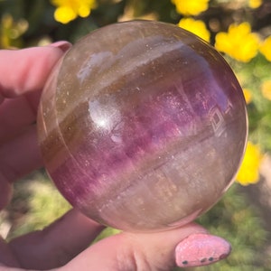 Candy Rainbow Fluorite Sphere | Yellow Fluorite Sphere | Yellow and purple Banded Fluorite Sphere CF1