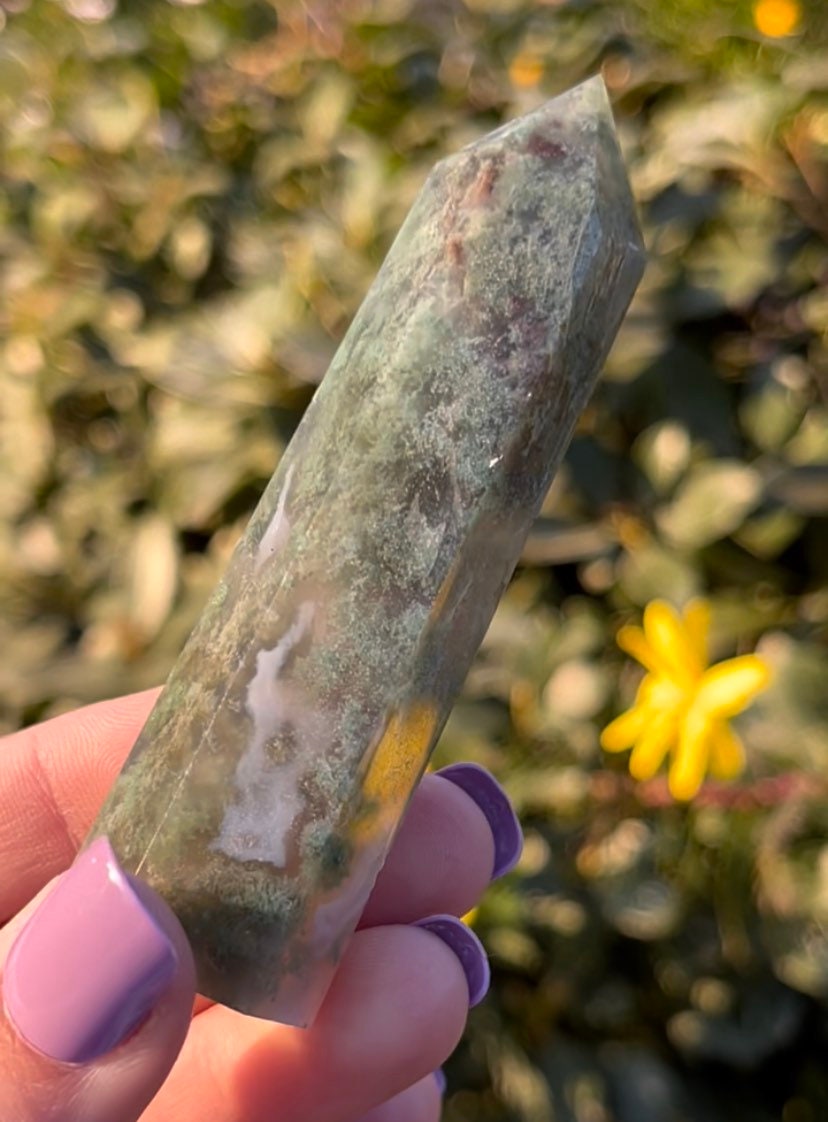 モスアゲートタワー ドゥルージークリスタルポイント 天然石 ~ 調和と