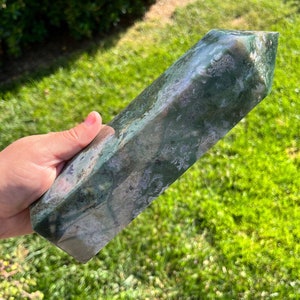 BIG XL 2lb Chunky Moss Agate Tower Druzy Geode Tower Obelisk Point Wand Carved Crystal Tower