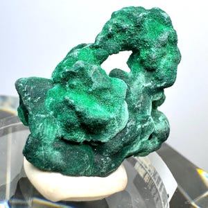 Op de afbeelding: Een levendig groen malachiet mineraal specimen met een uniek, getextureerd oppervlak. De malachiet heeft een wervelend patroon en staat op een kleine, witte, afgeronde basis. Het mineraal heeft een gat in het midden, wat bijdraagt aan de kenmerkende vorm.
