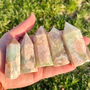 Green Flower Agate Tower | Pink Flower Agate Tower | Flower Agate Crystal Tower