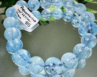Bracelet pierres précieuses aigue-marine avec mica, bracelet en cristal aigue-marine, bracelet en perles de cristal aigue-marine et mica, bracelet en cristal 12 mm