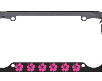Palm Tree & Hibiscus Flowers Metal License Plate Frame (Chrome/Pink)