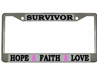 Survivor Hope Faith Love Breast Cancer Awareness Design Heavy Duty Metal Car License Plate Frame Auto Tag Holder