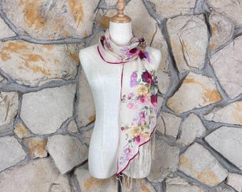NWT Ralph Lauren Collection Silk Chiffon Fringe Scarf Ivory & Cherise Rose | 66