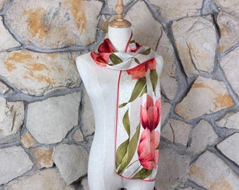Oscar de la Renta Silk Jacquard Scarf Ivory & Coral Tulips | 52