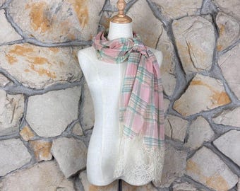 Ralph Lauren Collection Silk Chiffon Lace Trim Scarf  Georgia Pink Plaid | 66