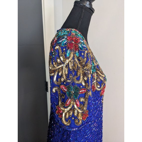 Vintage 80's Scala Royal Cobalt Blue Beaded Silk … - image 3