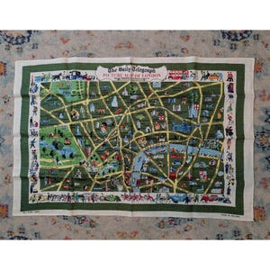 Vintage Mid Century Irish Linen Souvenir Tea Towel - Picture Map of London