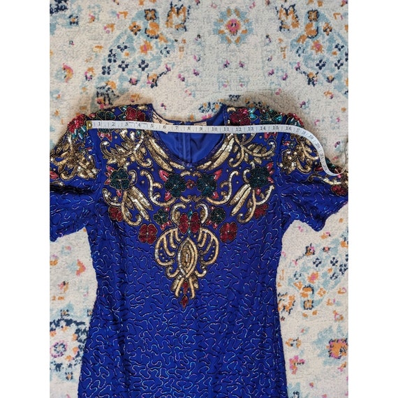 Vintage 80's Scala Royal Cobalt Blue Beaded Silk … - image 9