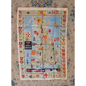 Vintage Mid Century Irish Linen Souvenir Tea Towel - Map of Royal Britain