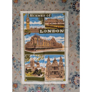 Vintage Mid Century Harrod&#39;s Linen/Cotton Souvenir Tea Towel - Scenes of London