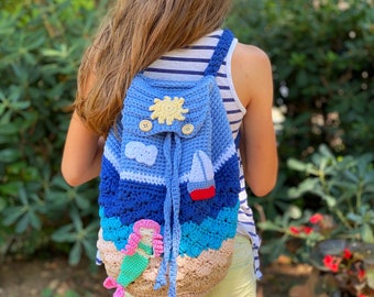 Crochet Backpack Pattern, Crochet Summer Bag Pattern, Kids Backpack, Crochet Drawstring Purse, Flap Backpack Pattern, Go to the Beach