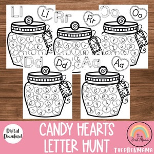 Candy Hearts Letter Hunt, Plan de estudios preescolar, Imprimible para niños pequeños, Imprimible en preescolar, Jardín de infantes, Preescolar del Día de San Valentín, Montessori