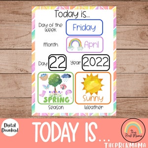 Vandaag is het kalender, cirkeltijd, voorschoolse leerplan, voorschoolse afdrukbare kalender, voorschoolse afdrukbare, thuisschool, Montessori leerplan