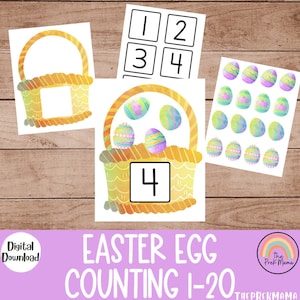 Peut inclure: Un ensemble de cartes de comptage d'œufs de Pâques imprimables représentant un panier jaune avec des œufs colorés. Les cartes comprennent les nombres de 1 à 20 et sont parfaites pour les enfants d'âge préscolaire qui apprennent à compter.