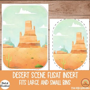 May include: A printable desert scene for a flisat insert. The scene features a large orange rock formation, a cactus, and a blue sky with white clouds. The text "DESERT SCENE FLISAT INSERT FITS LARGE AND SMALL BINS" is at the bottom of the image.