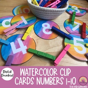 Cartes à clip aquarelle numéros 1-10, préscolaire imprimable, mathématiques préscolaires, activité préscolaire, mathématiques de la maternelle, téléchargement imprimable, activité