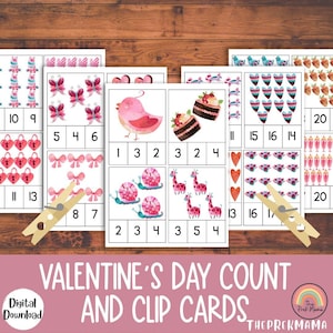 Valentinstag Zähl- und Clipkarten, Vorschule zum Ausdrucken, Vorschule Mathe, Kindergarten, Valentinstag, Vorschule, Montessori, Kleinkind