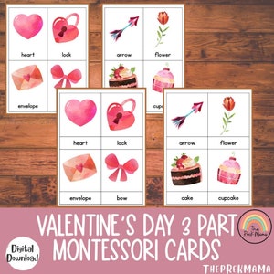 Cartes Montessori en 3 parties pour la Saint-Valentin, programme d'études Montessori, cartes mémoire, cartes mémoire préscolaire, maternelle, école à la maison, apprentissage