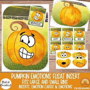 Puede incluir: Conjunto de insertos Flisat de emociones de calabaza, un conjunto imprimible de tarjetas de emociones con temática de calabaza e insertos para una caja de juguetes Flisat. El conjunto incluye una calabaza grande con una expresión nerviosa, tarjetas de calabaza más pequeñas con expresiones felices, nerviosas, enojadas y asustadas, y piezas de ojos y boca separadas para crear diferentes expresiones.