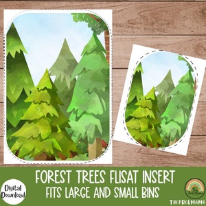 Peut inclure: Formes d'arbres de forêt imprimables pour un insert de jouet en bois. L'image montre deux tailles différentes de l'insert, une grande et une petite. Le texte sur l'image indique "Forest Trees Flisat Insert Fits Large and Small Bins".