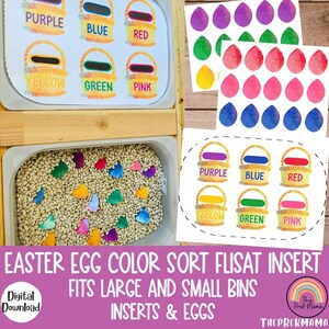 May include: Easter egg colour sort activity for preschoolers.  The activity includes a wooden bin with white beans, colourful egg shapes, and a printable with baskets and colour labels.  The printable says "PURPLE, BLUE, RED, YELLOW, GREEN, PINK".