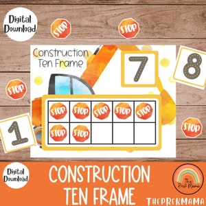 Construction Ten Frame, Numbers 1-10 Count and Match, Montessori Printable, Homeschool Resource, Pre-K Counting, Preschool Printable, Math