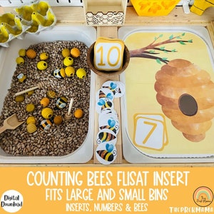 May include: Counting bees activity for kids with a wooden tray, two bins, and a beehive insert. The bins are filled with brown beans and yellow bee-themed toys. There are also number cards and bee-themed counters.