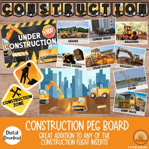 May include: A printable construction peg board with images of different construction vehicles, including a grader, cement truck, bulldozer, wheel loader, steam roller, excavator, crane, and dump truck. The text "Construction Peg Board" and "Great addition to any of the construction flisat inserts" is printed on the board.