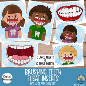 May include: A set of 16 colorful printable cards featuring illustrations of children's mouths with teeth, designed for use with FLISAT inserts. The cards are labeled "Brushing Teeth FLISAT Inserts" and "Fits Large and Small Bins".