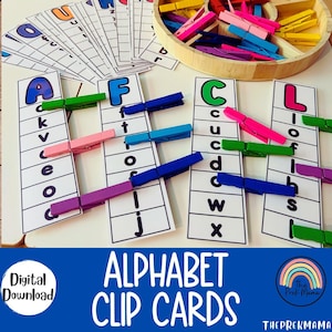Cartões de clipe do alfabeto, letras da caixa de tarefas, atividades para crianças, letras pré-escolares, jogo de correspondência do alfabeto, planilha pré-escolar, reconhecimento de letras