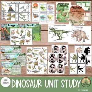 Könnte beinhalten: Ein buntes Dino-Lernpaket mit Bildern von Dinosauriern, Alphabetbuchstaben und Zählübungen. Das Paket enthält eine Titelkarte mit der Aufschrift "Dinosaur Unit Study".
